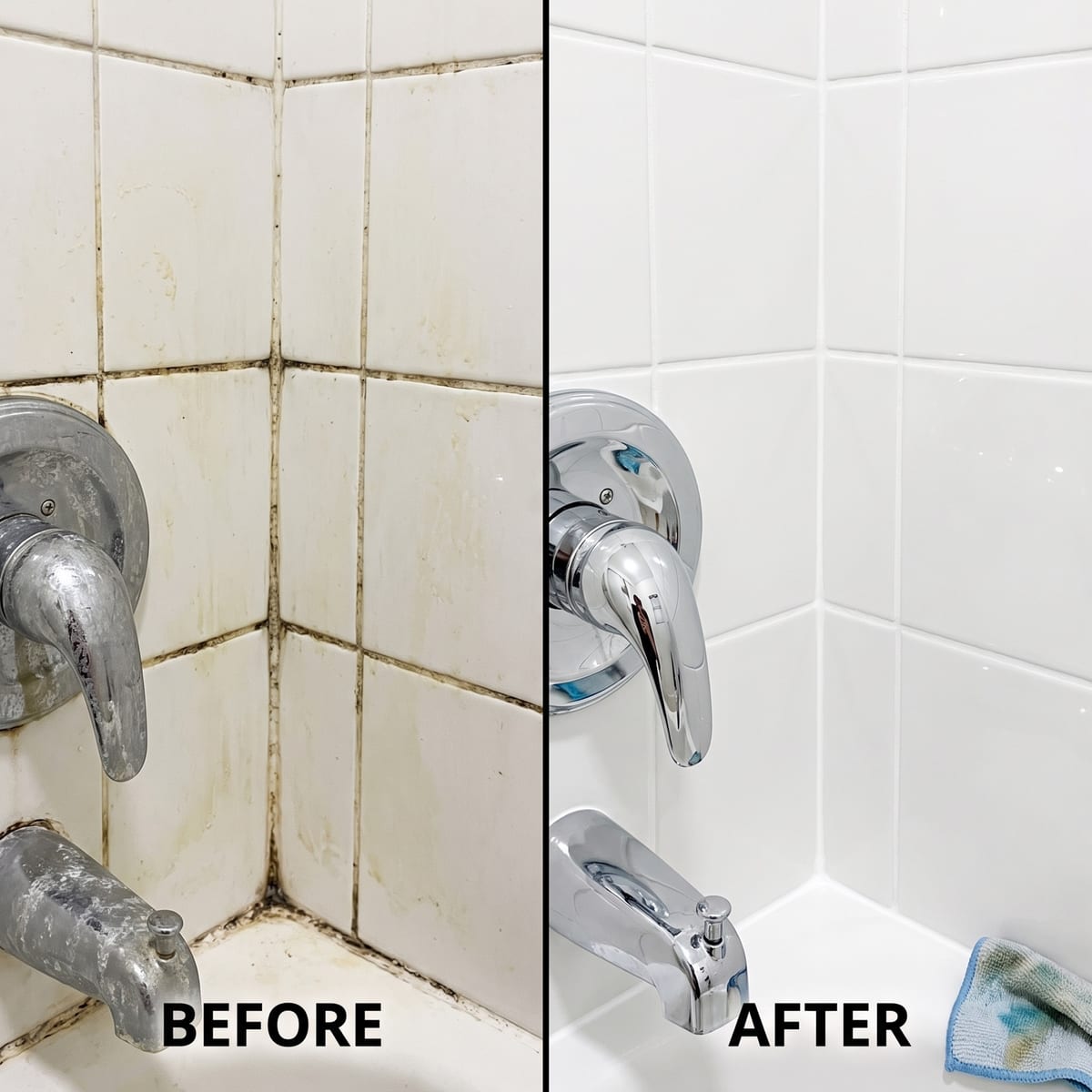 Bathroom tile and grout before and after cleaning