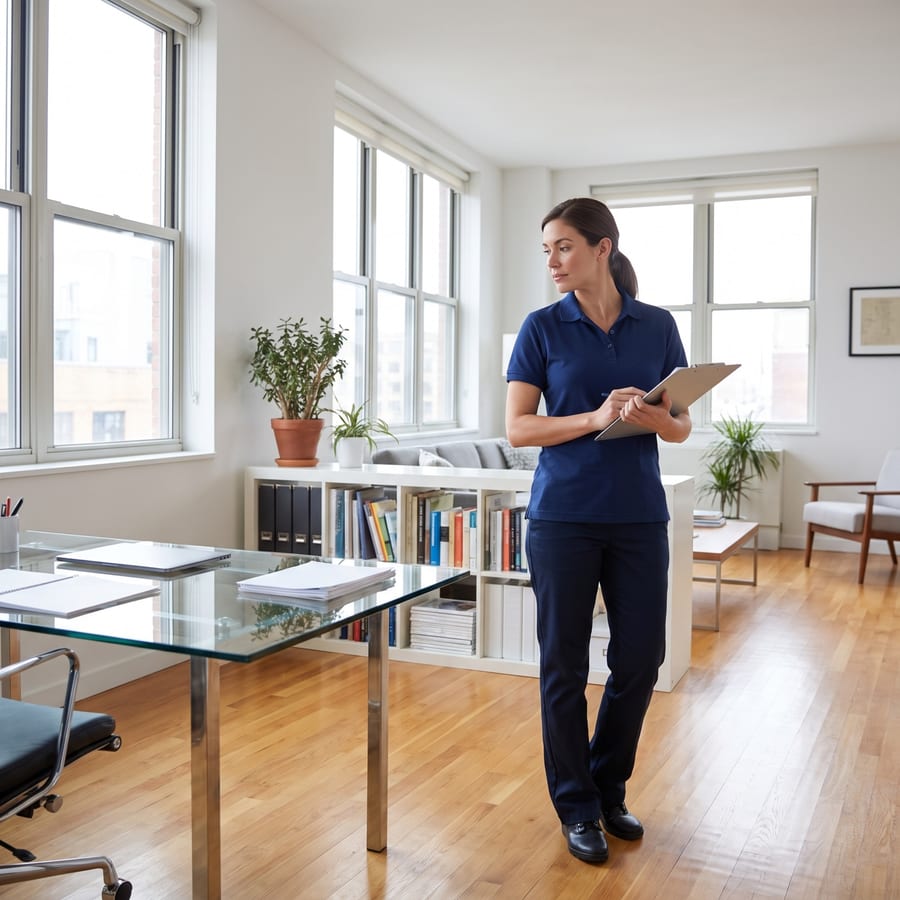 Dingka's Cleaning Services team member reviewing a checklist in a bright office space